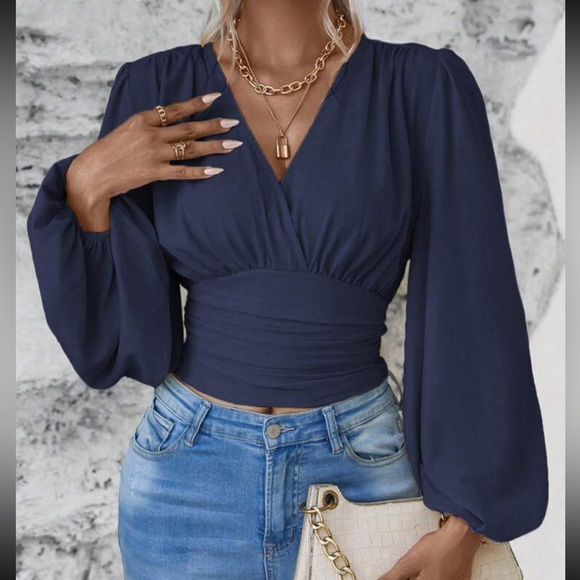 Boho Classic Elegant VNeck Pleated Smocked Long Sleeve Cropped Top Blouse Shirt - Picture 4 of 12